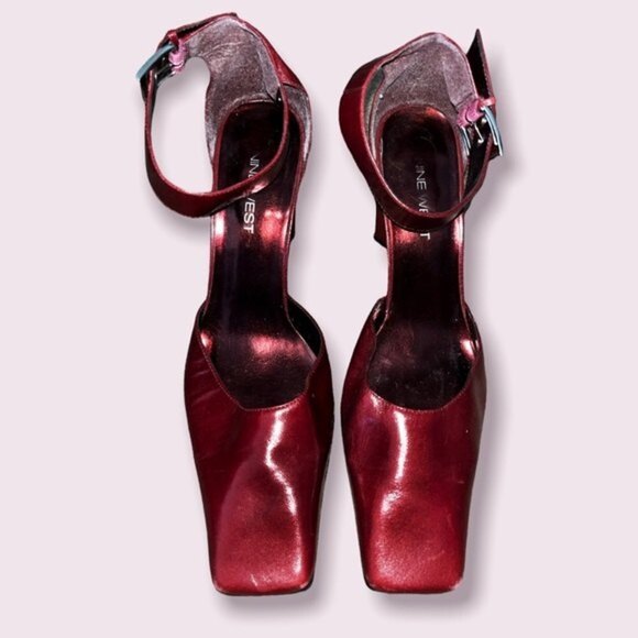 Vintage Nine West Square Toe Heels Red Y2K Ankle Strap Womens Size 9.5 - Picture 5 of 9